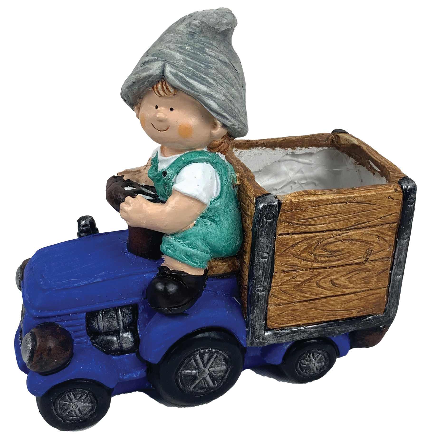 Boy driving Blue Tractor with Trailer planter