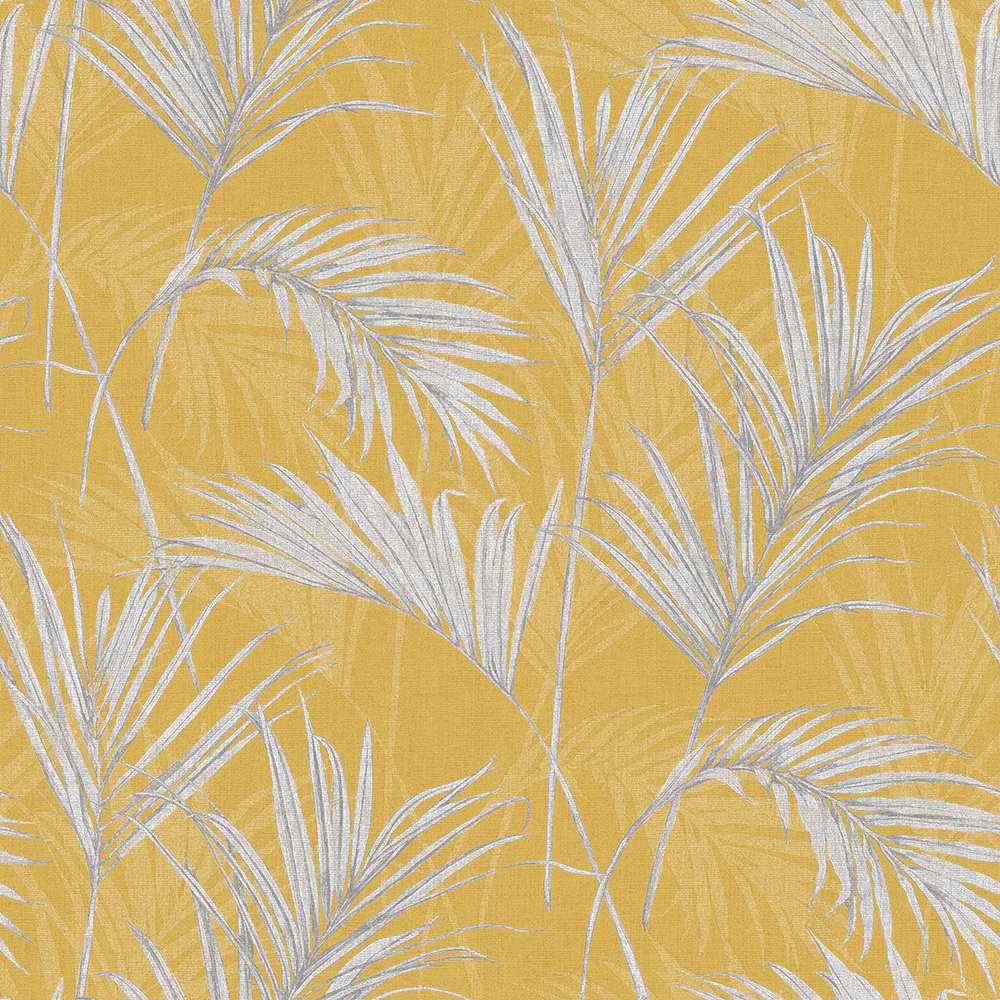 Vinyl Wallpaper Palm Leaves yellow grey metallic - Click Image to Close